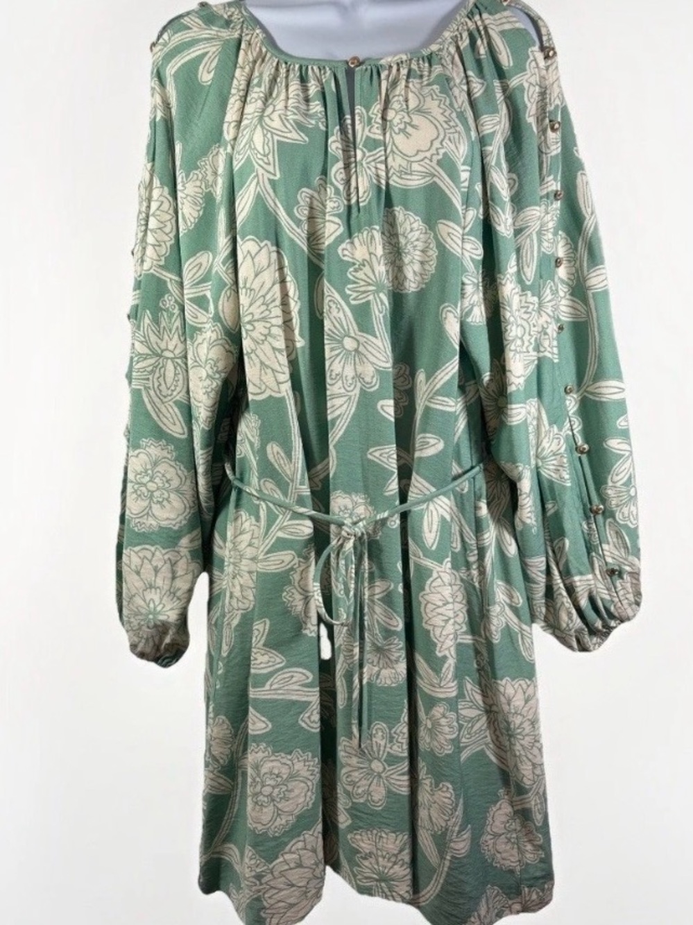 LOFT Green Floral Print Split Neck Tie Waist Long Sleeve Mini Dress-NWT-Medium - Picture 2 of 10